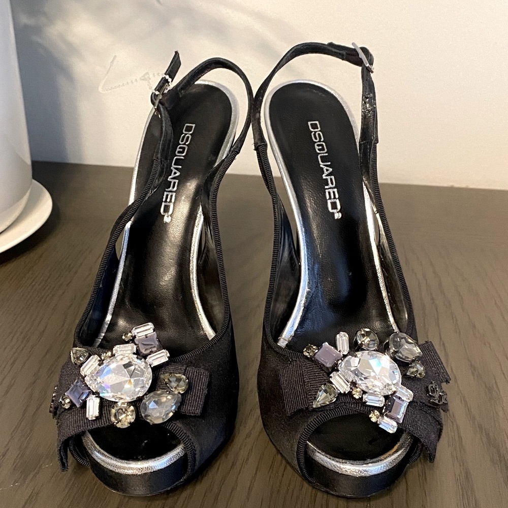 💕 DSQUARED2 Gemstone Crystals Embellished Black Italy Stiletto High Heels Sz 7